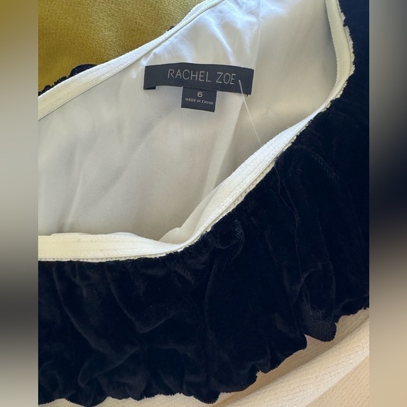 Rachel Zoe- Ivory One Shoulder Mini Dress with Black Velvet Trim - Picture 2 of 4